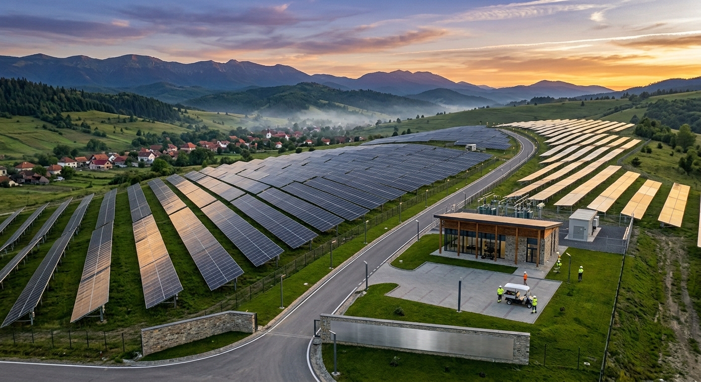 Parc fotovoltaic modern la apus, cu randuri de panouri solare pe dealuri din Romania