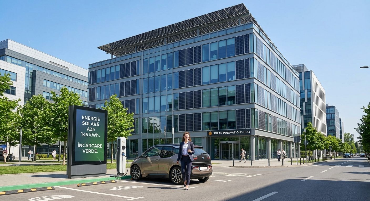 Cladire de birouri cu fatada fotovoltaica si statie de incarcare pentru masini electrice