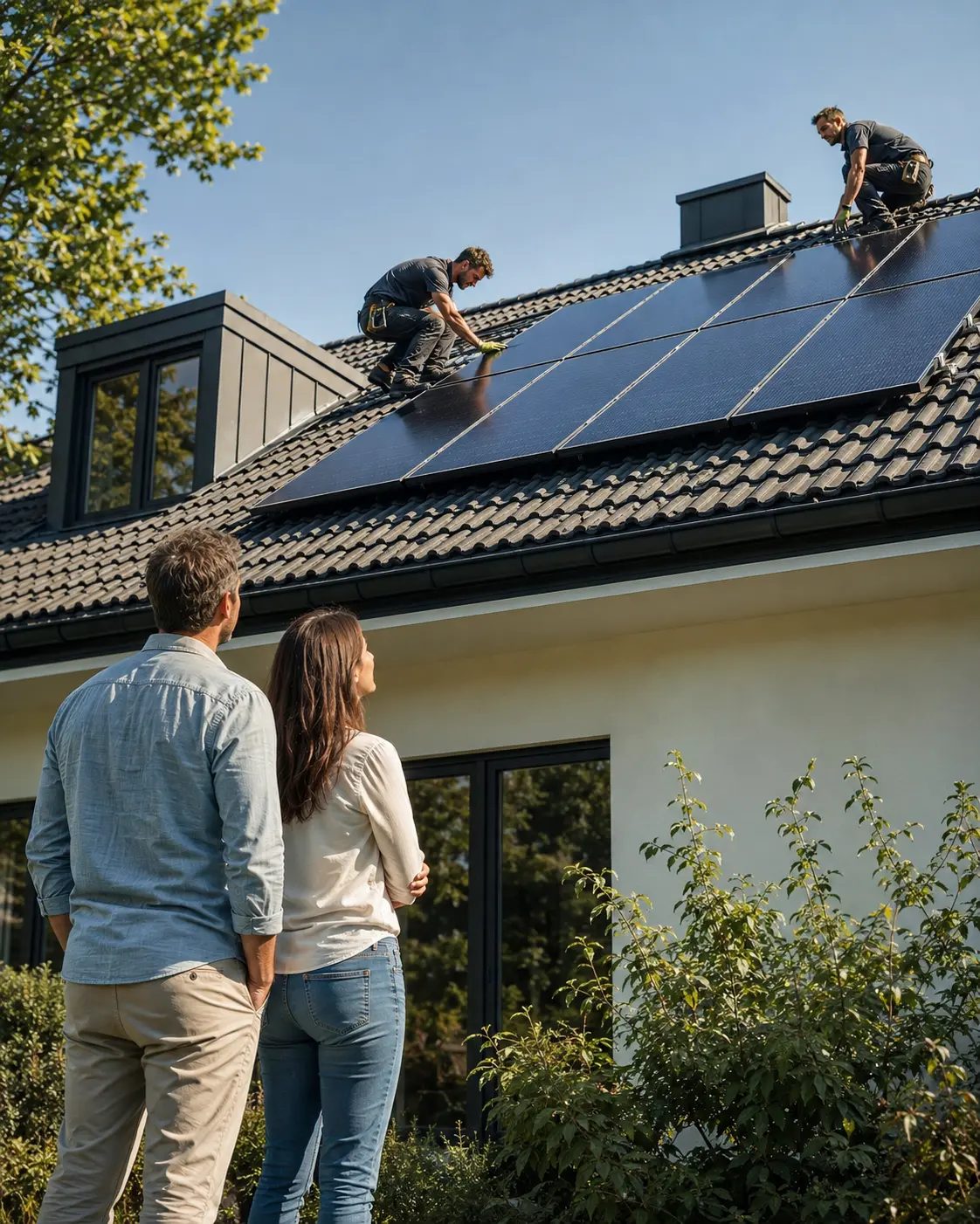 Echipa proprie montand panouri fotovoltaice pe acoperisul unei case, sub privirea beneficiarilor