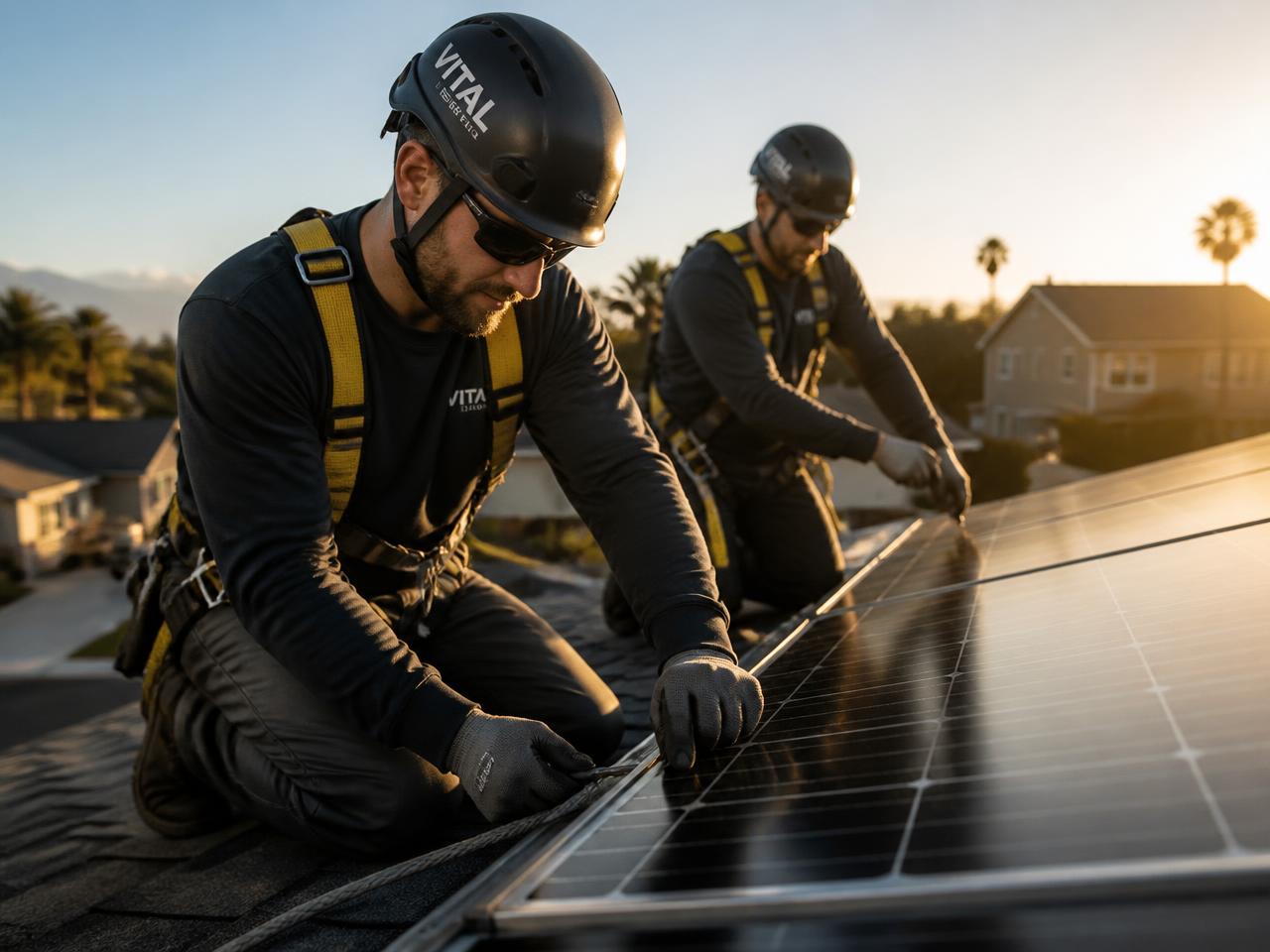 Doi tehnicieni autorizati ANRE, echipati cu ham de siguranta, monteaza panouri fotovoltaice pe un acoperis in Cluj-Napoca