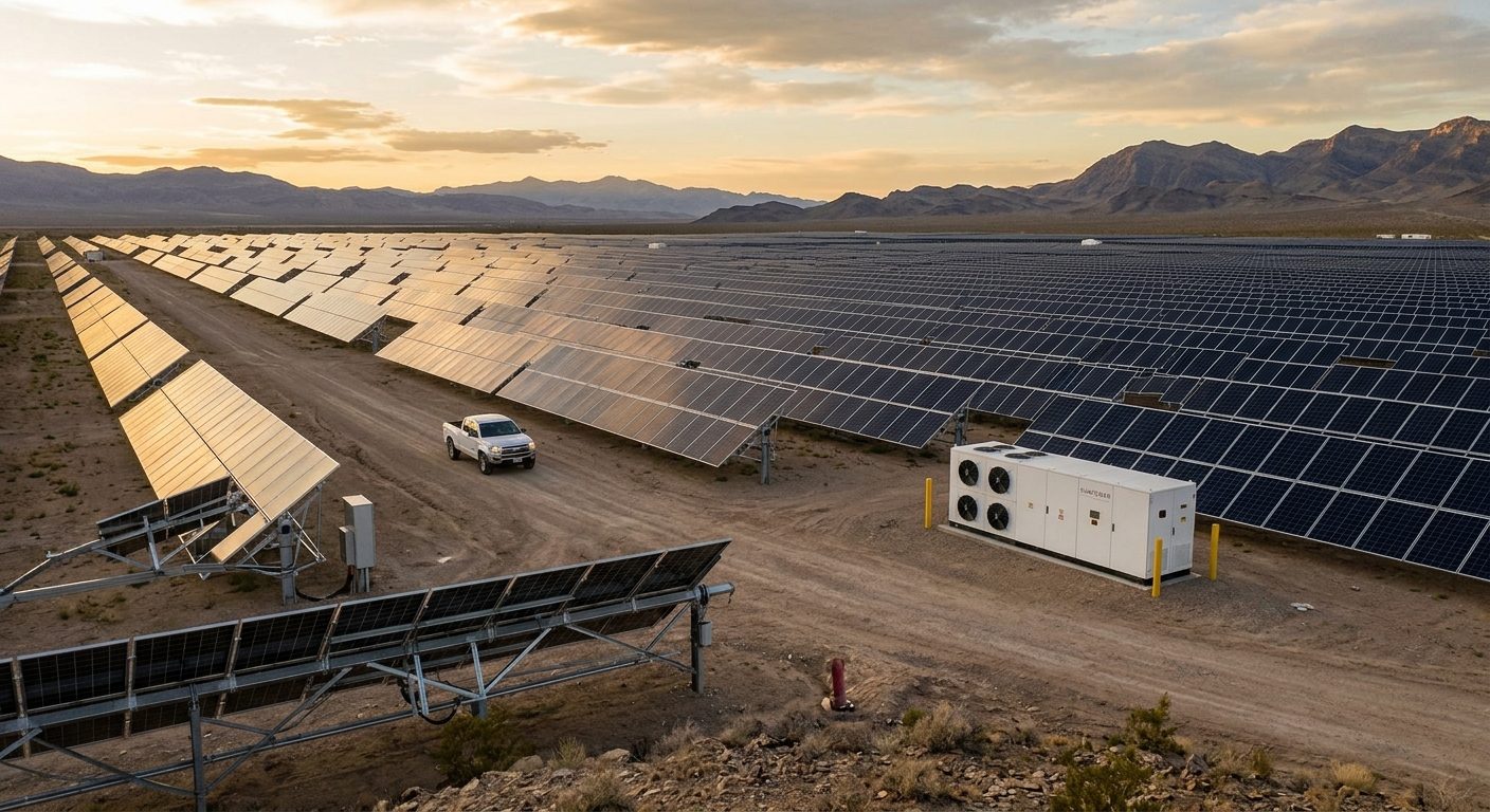 Sistem fotovoltaic cu unitate de stocare a energiei, fotografiat la apus langa randurile de panouri