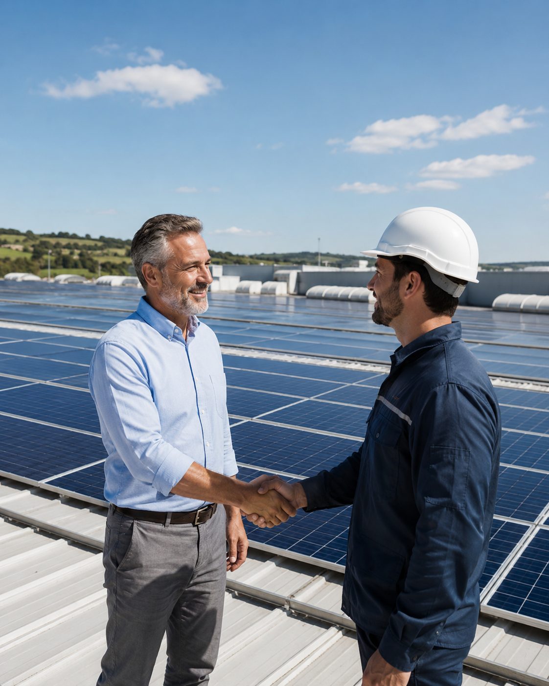 Consultant Active Solutions dand mana cu un tehnician pe un acoperis cu panouri fotovoltaice montate