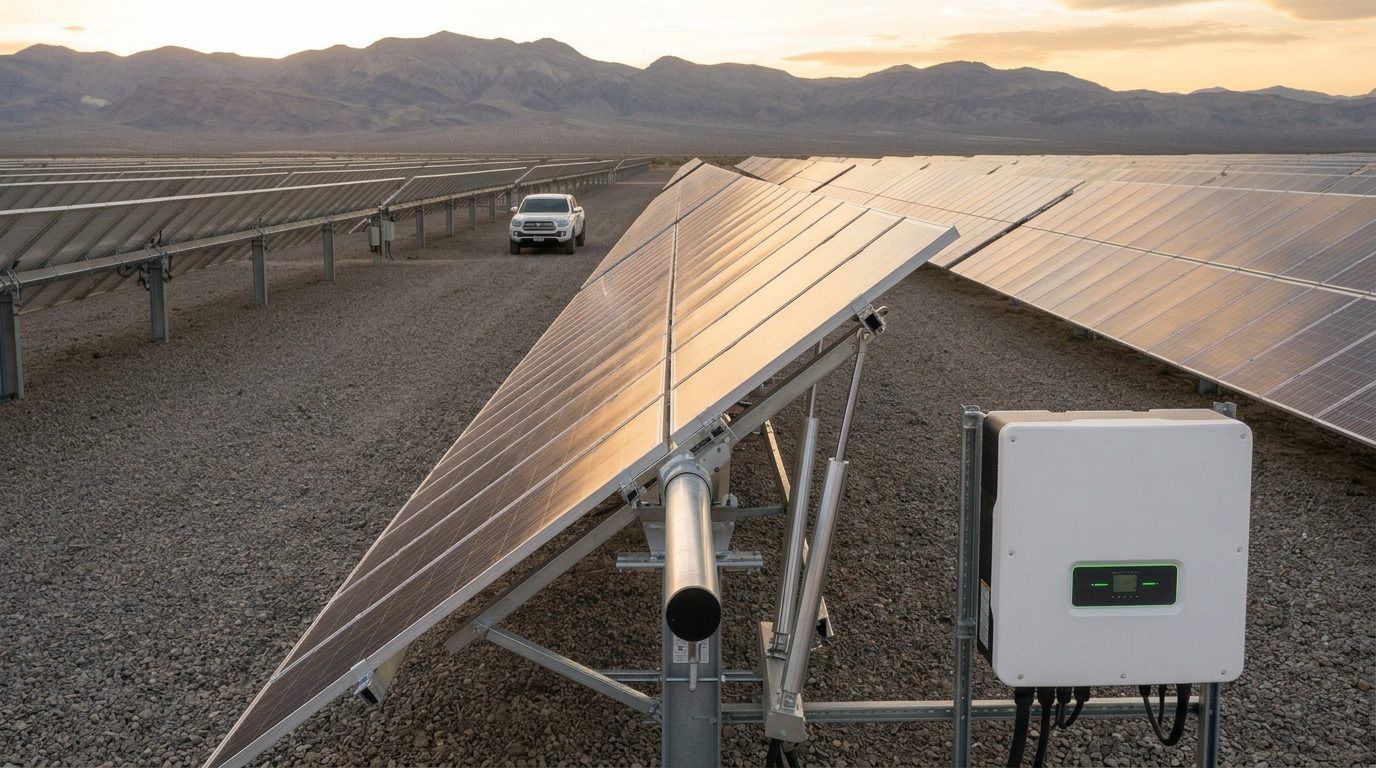 Structura de tip tracker solar cu invertor string intr-un parc fotovoltaic la apus